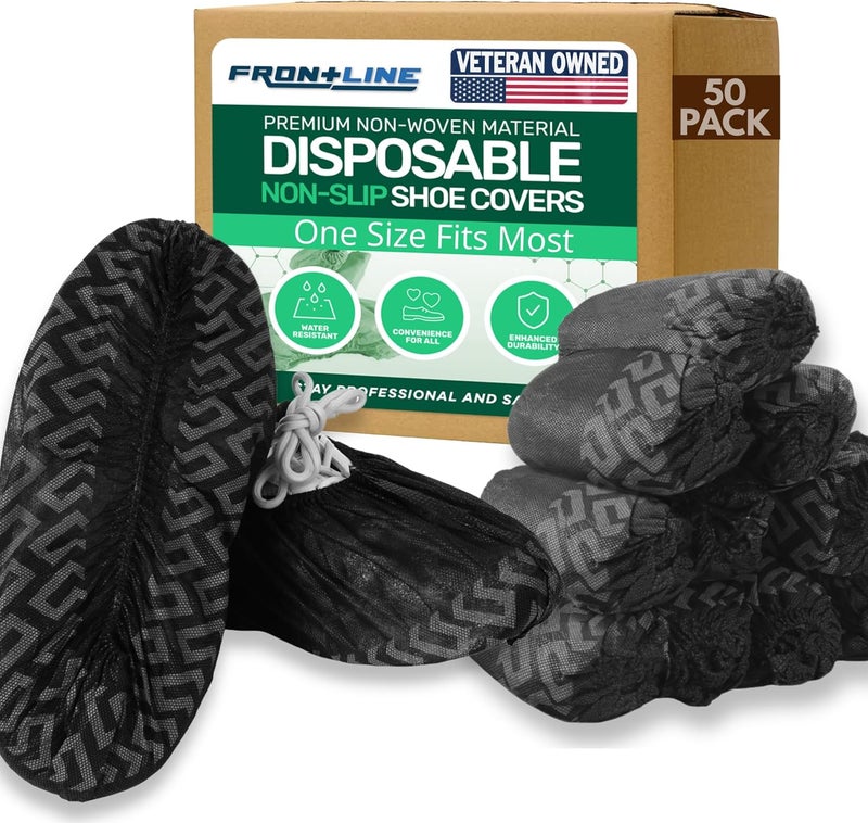 Frontline Shoe Covers Disposable Non-Slip 100 Pack, Premium Non-Woven Durable Booties Shoes Covers – Water Resistant Thick Anti-Slip - One Size Fits Most by (Black 50 Pack) - Image 1